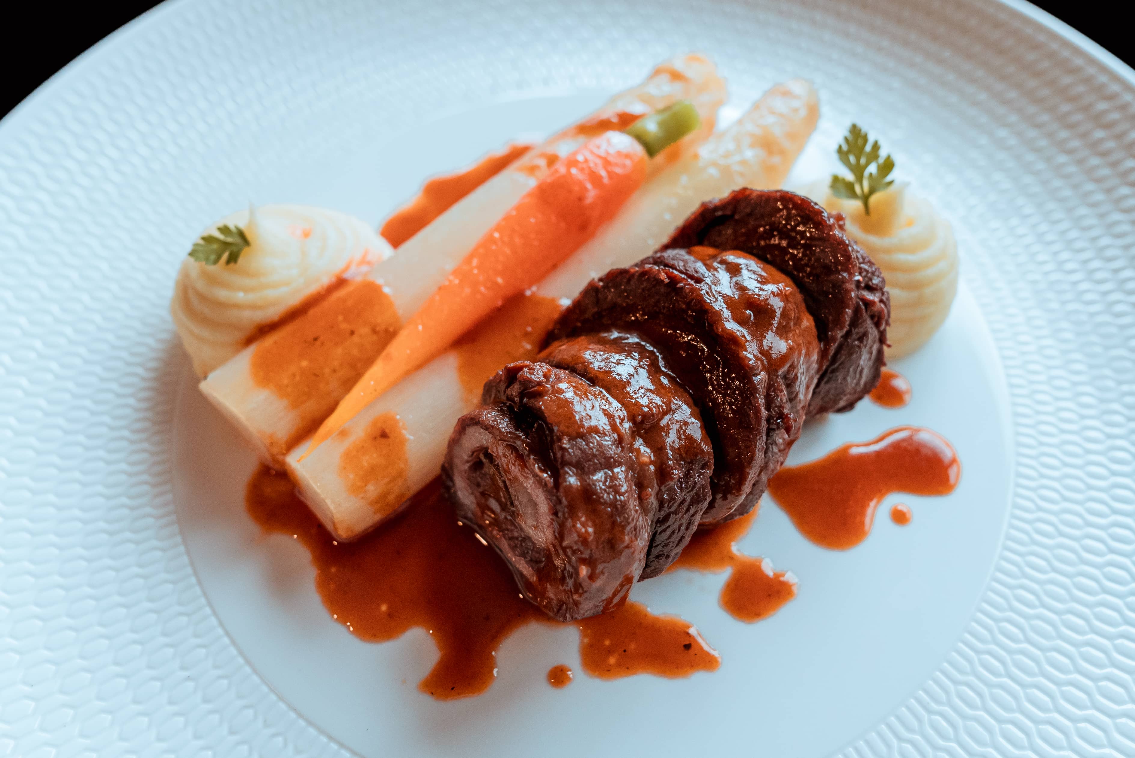Aussie Beef Roulade, White Asparagus, Young Carrot & Potato Puree